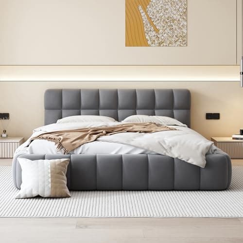Modern Tufted Queen Platform Bed Frame - Gray Linen Wingback Style