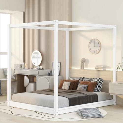 Queen Size Canopy Bed Frame for Adults, Teens, and Children, White