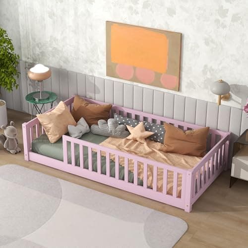 Sturdy Montessori Twin Floor Bed with Guardrail for Kids, No Box Spring Needed,Natural