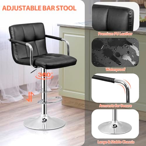 4 Pack ZENY Black PU Leather Bar Stools with Back & Arms, Modern Swivel Kitchen Dining Chair