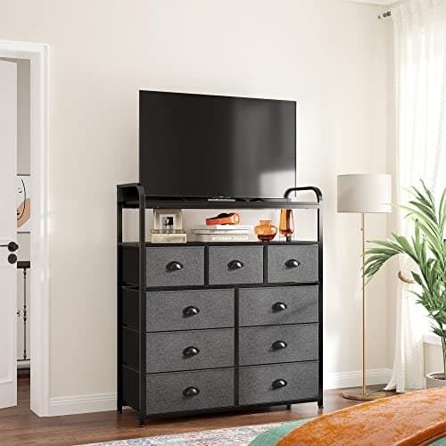 EnHomee Sturdy Metal Tall Dresser with 9 Drawers & 2 Shelves, Black Grey