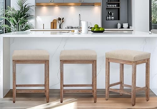 Farmhouse Modern Bar Stools Set of 3, Khaki Faux Leather 24" High