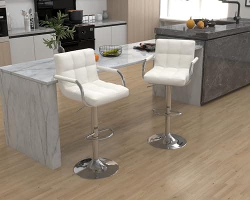 Modern PU Leather Bar Stools Set of 4, Whiteuously Adjustable Square Chairs