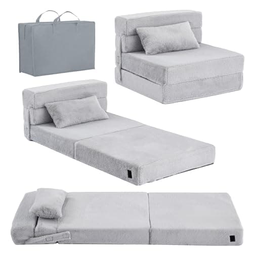 Tiita Kids Foldable Futon Bed Mattress Sofa with Storage Bag, Plush Grey