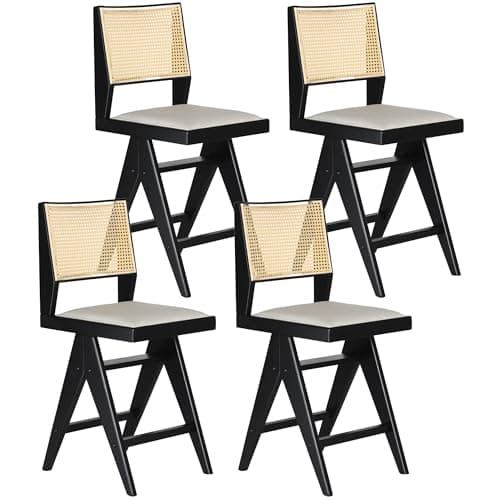 Rattan 26" Counter Stools, Set of 4, Cream Boho Kitchen Chairs