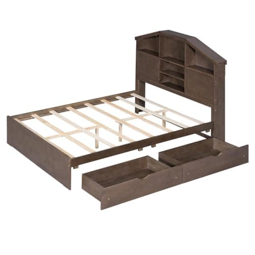 i-POOK House-Shaped Storage Full Bed Frame with Drawers for Kids Teens Adults Walnut