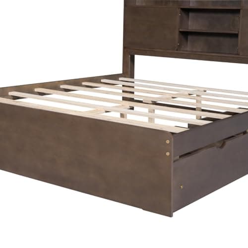 i-POOK House-Shaped Storage Full Bed Frame with Drawers for Kids Teens Adults Walnut