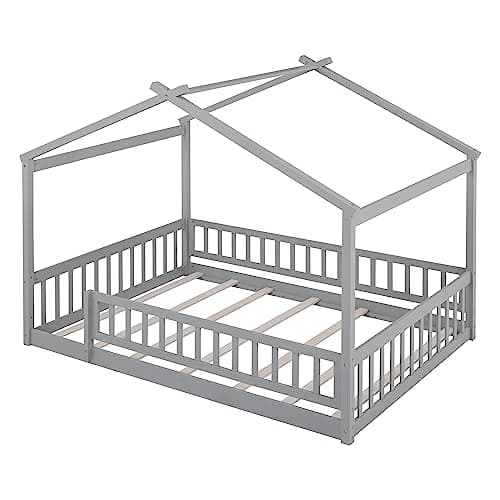 Full Size Wood Montessori Bed with Roof and Fence-Shaped Guardrails, Gray