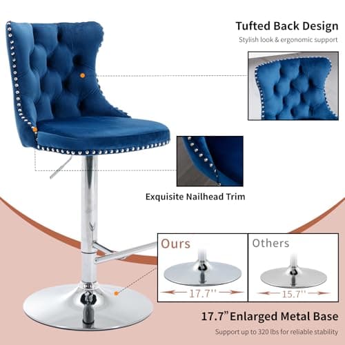Navy Velvet Swivel Bar Stools, Tufted Back, Silver Chrome Base (2 Pcs)