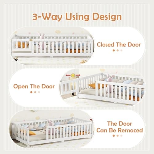 Montessori Twin Size Floor Bed with Door and Guardrail, White Wood Playhouse Bed