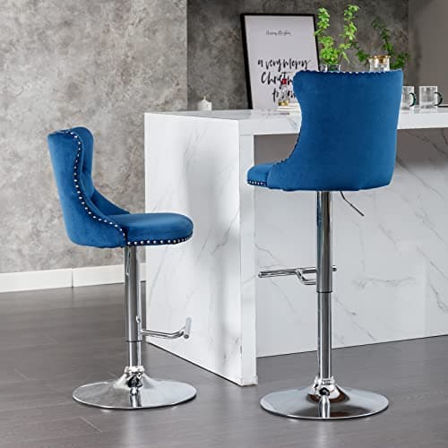 Navy Velvet Swivel Bar Stools, Tufted Back, Silver Chrome Base (2 Pcs)