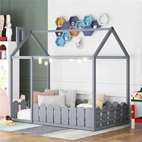 Wood House Bed Frame for Kids, Twin Size with Fence & Roof, Full-Length Guardrail, Gray