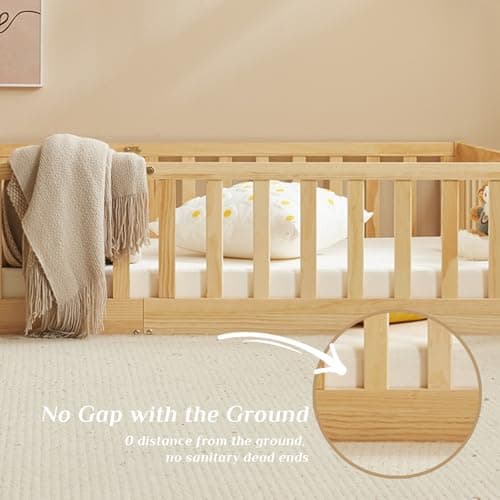 Montessori Toddler Floor Bed with Door and Fence for Kids (Natural)