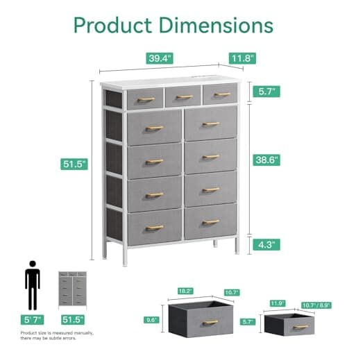 Light Grey AODK Charging Dresser - 52 Inches Tall with 11 Drawers