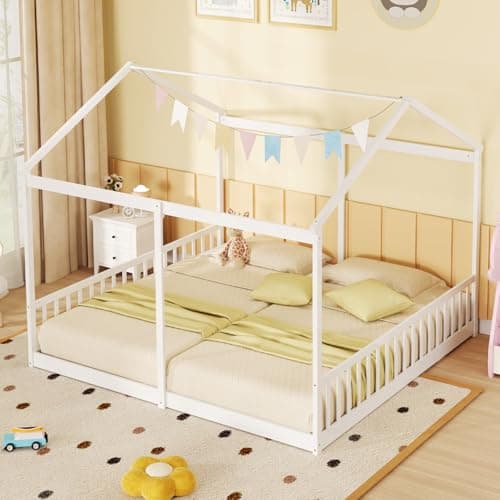 Giantex Double Twin Floor Beds, Wood Montessori with Fence & Roof, White