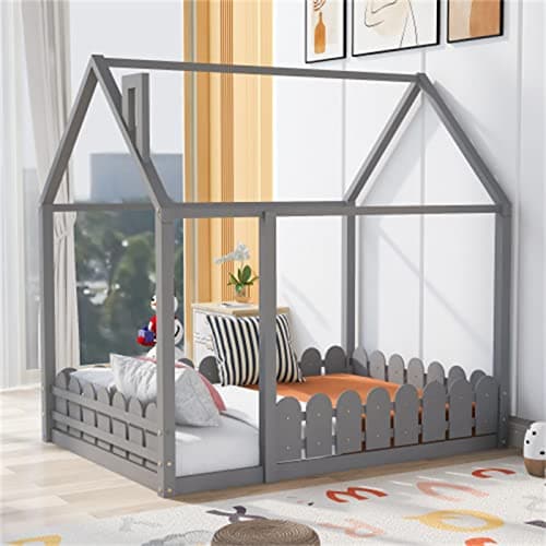 Wood House Bed Frame for Children with Fence & Roof, Full-Length Guardrail for Teens Girls Boys