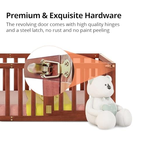 Wood Montessori Floor Bed for Kids, Twin Size with Fence & Door, Walnut