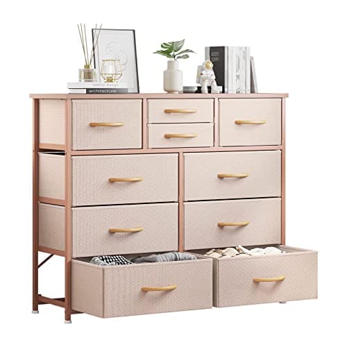 LUMTOK 10-Drawer Fabric Dresser, Steel Frame, Wood Top (Grey)