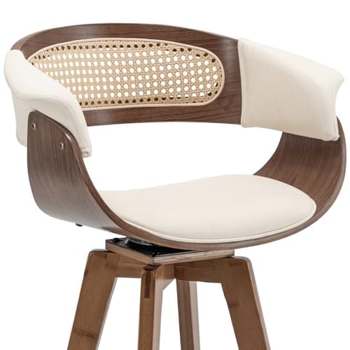 Mid Century Modern Walnut Beige Rattan Swivel Bar Stools with Cane Back