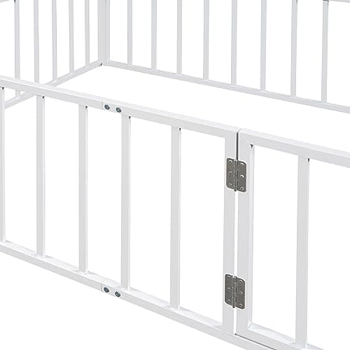 Full Size Metal Fence Bed with Door, Versatile Montessori, No Box Spring Needed, Easy Install, White