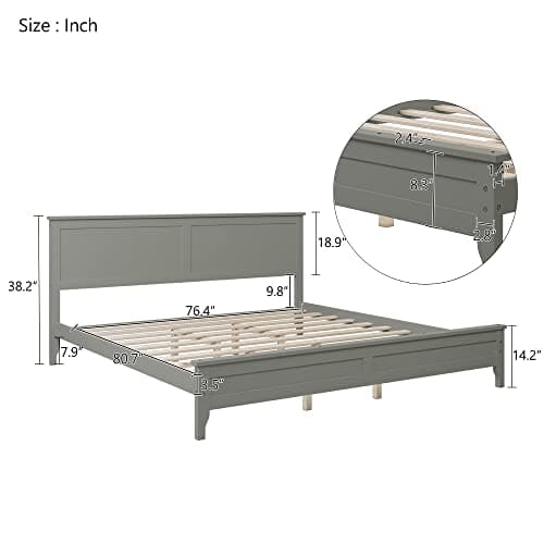 i-POOK Gray King Size Solid Wood Platform Bed with Headboard and Wood Slat Support
