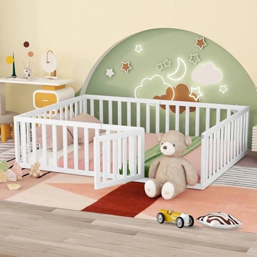 Montessori Floor Bed for Children, Queen Size White Wood Frame with Fence & Door