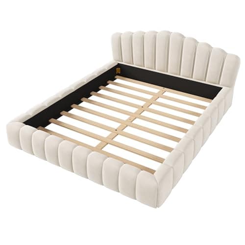 LUSPAZ Beige Queen Size Floor Bed with Shell Headboard and Vertical Seams
