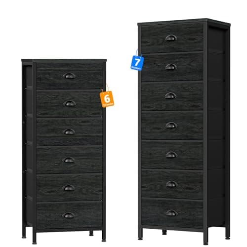 Furnulem 6 & 7 Drawer Dresser, Tall Black Storage Tower with Fabric Bins
