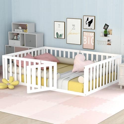White Full-Size Montessori Floor Bed with Fence and Door
