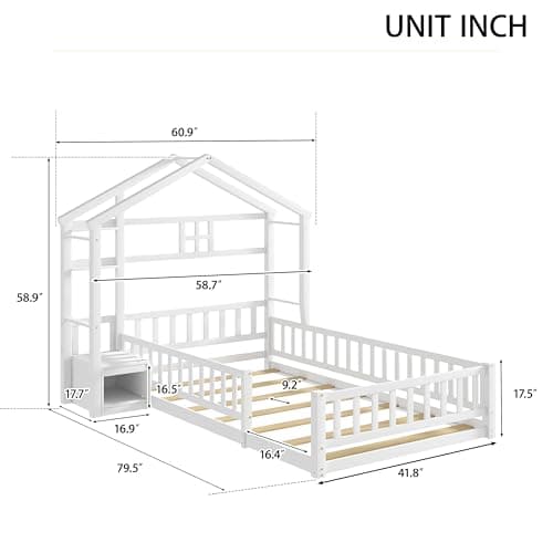 Twin Size Floor Bed with House-Shaped Headboard & Stand, Kids Montessori White