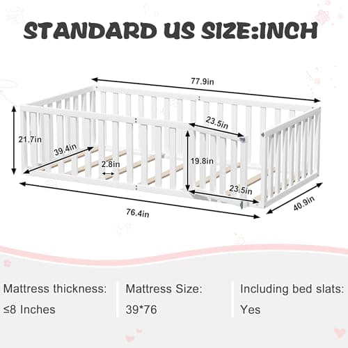 Twin Size Wood Montessori Bed with Guardrails & Detachable Door, White