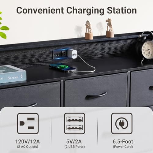 Elyken 50" Black Dresser with 12 Drawers & Charging Station