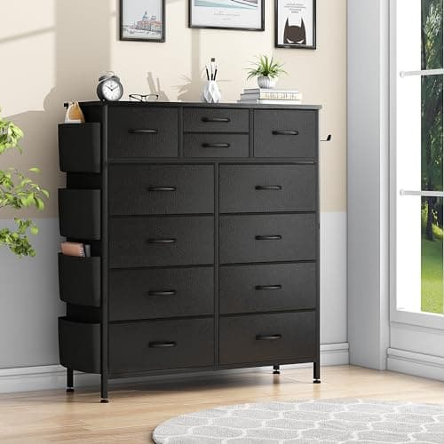 Lulive Tall Dresser Chest with 12 Drawers & Hooks (Black)