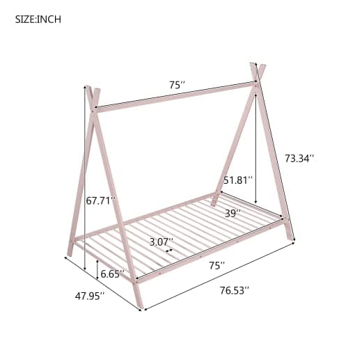 i-POOK Twin Size Metal Floor Bed with X-Shaped Frame, Pink