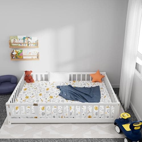 JINS&VICO Full Size Montessori Floor Bed with Door & Safety Guards, White