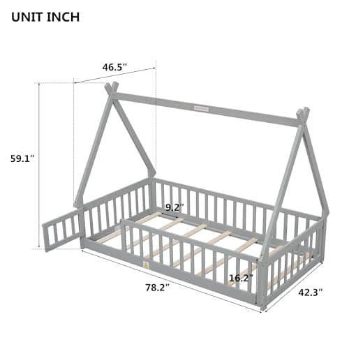 Twin Size Tent-Shaped Montessori Floor Bed with Slats, Guardrails, and Door in Grey