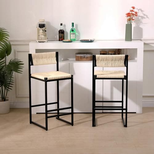 Metal Bar Stools Set of 2 with Woven Seat and Back, Counter Height Chairs for Kitchen Island, Dining Room in Beige