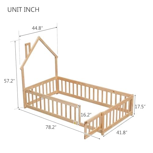Twin Size Montessori Floor Bed with Door & Roof, Easy Assembly & Guardrails, Natural Finish