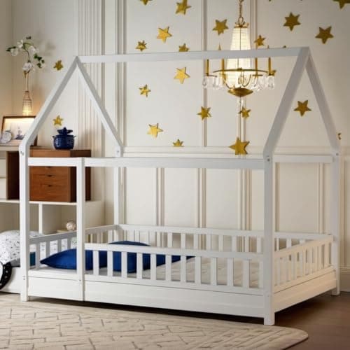 Montessori Floor Bed Frame with Roof & Fence, White, No Box Spring Needed