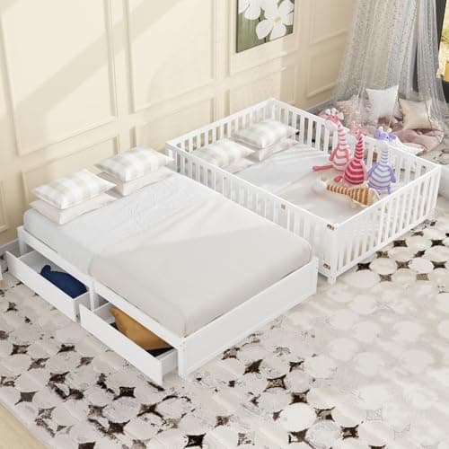 i-POOK Full Size White Wooden Daybed with Drawers & Fence Guardrails