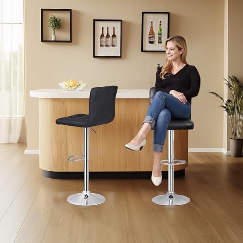 ZENY Black Swivel Bar Stool Set, Modern PU Leather Kitchen Chair