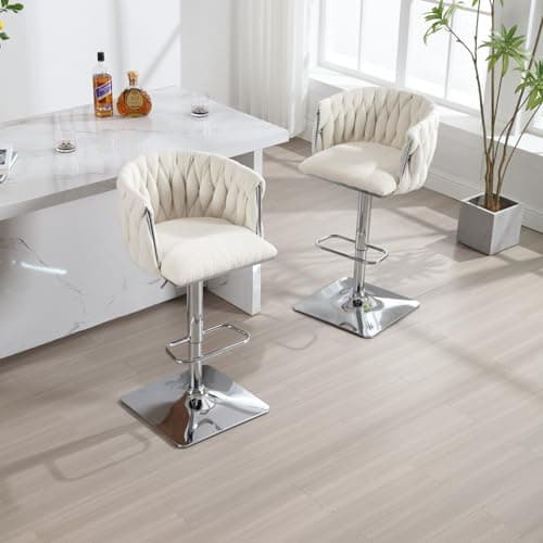 Adjustable Boucle Swivel Bar Stools Set of 2 with Hand Woven Back and Silver Footrest, for Kitchen Island and Dining Room
