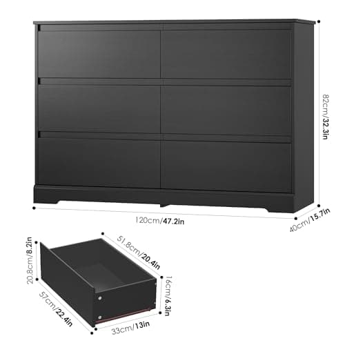 Fotosok Black Modern 6-Drawer Double Dresser, Wide Storage Cabinet