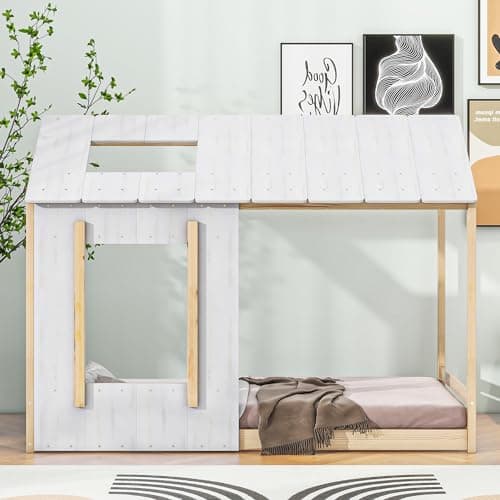 LUSPAZ White Wood House-Shaped Bed with Headboard, Sturdy Montessori Bed Frame for Toddlers & Babies