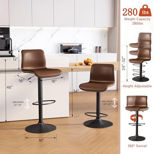 Swivel Bar Stools Set of 4 for Kitchen Island, Counter Height, Brown Faux Leather (24'' to 32'')