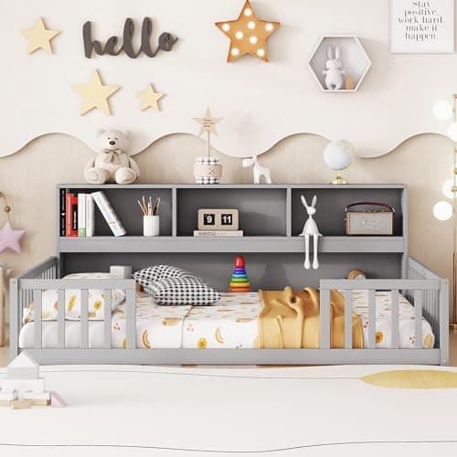 Bellemave Twin Size Montessori Floor Bed with Safety Guardrails for Kids (Natural)