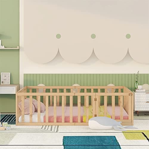 Wooden Montessori Full Size Bed Frame with Safety Rails for Kids, Easy Assembly, Natural Wood Finish