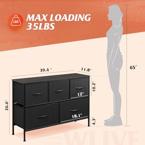 Charcoal Black Large Fabric Dresser with 5 Drawers