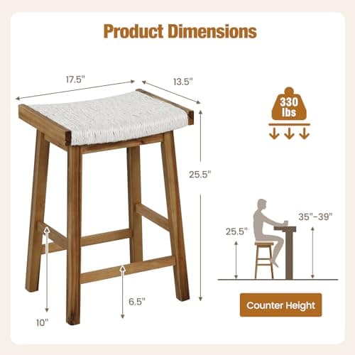 COSTWAY 25.5-inch Seaweed Woven Counter Height Kitchen Bar Stools, Set of 4, Rubber Wood & Acacia Frame