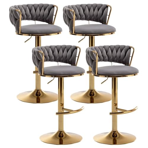 Beige Velvet Gold Bar Stools Set of 4, Counter Height, Low Back, Adjustable & Swivel